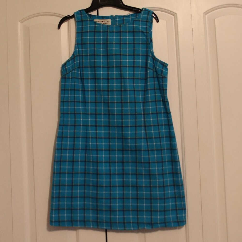 Faded Glory Plaid Cotton Sleeveless Shift Dress Large Blue/Yellow/White